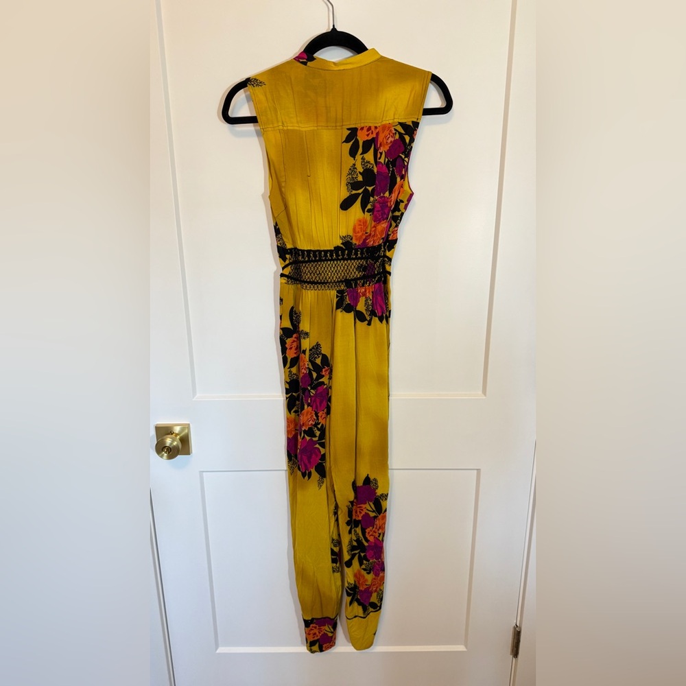 Anthropologie Mustard Yellow Floral Jumpsuit with Pink & Black Accents - Picture 6 of 7